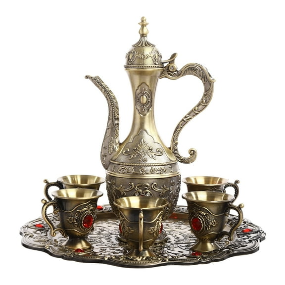 Vintage Coffee Pot Tea, Coffee Tea Pot Set Family Use Crafts Teapot and Cup Set, Afternoon Tea Service Set for Tea Table Decor with 1 Teapot,6 Teacups,1Tea Tray (Bronze+Red)