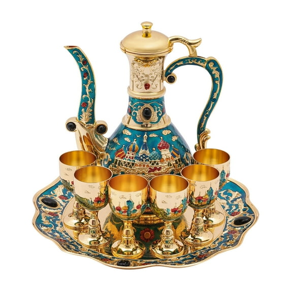 Vintage Coffee Pot Tea, Coffee Tea Pot Set Family Use Crafts Teapot and Cup Set, Afternoon Tea Service Set for Tea Table Decor with 1 Teapot,6 Teacups,1Tea Tray (Gold, Blue)