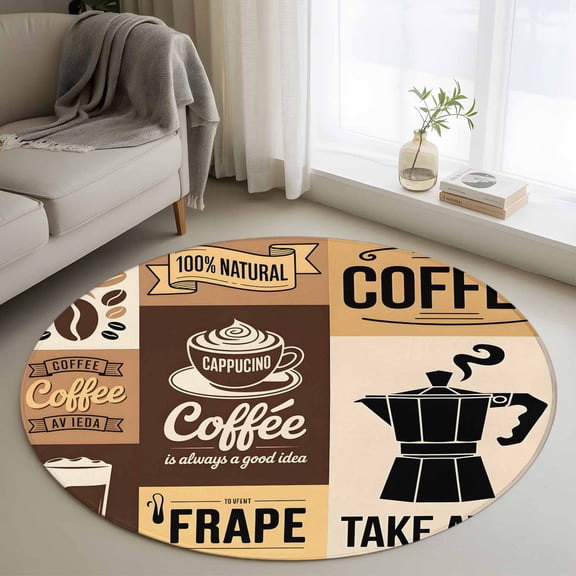 Vintage Coffee Round Area Rug 3.3 FT, Non Slip Small Entryway Kitchen Mat, Farmhouse Retro Art Coffee Beans Washable Soft Circular Rug Non-Shedding Door Mat for Bathroom Playroom Kids Room
