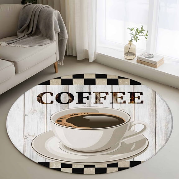 Vintage Coffee Round Area Rug 3Ft Washable Small Circle Rugs for Kitchen Entryway, Modern Farmhouse Wooden Black Brow Plaid Non-Slip Carpet Floor Mats Indoor Outdoor Carpet Runner Home Decor