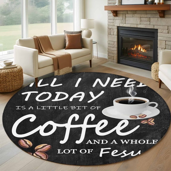 Vintage Coffee Round Area Rug 5 FT, Non Slip Bedroom Area Rug, Farmhouse Coffee Beans Cup Country Washable Circular Carpet Non-Shedding Floor Mat for Kitchen Dining Room Foyer Balcony Dorm