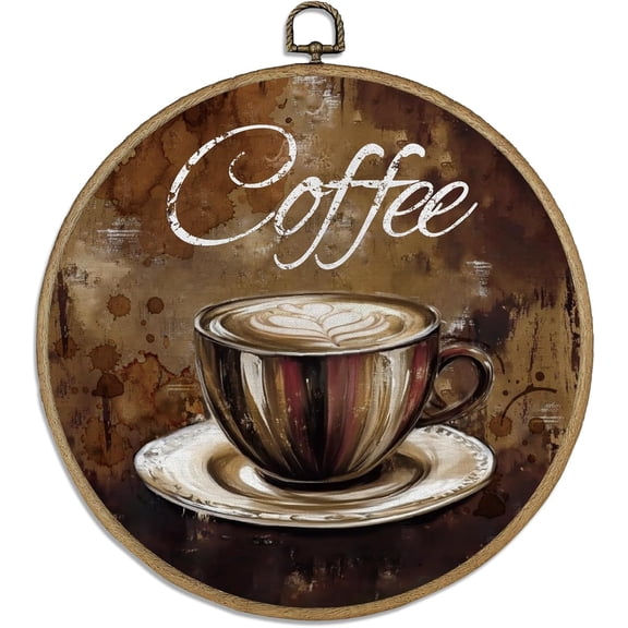 Vintage Coffee Round Wall Art Decor 10" Framed Canvas Wall Art Wall Decor with Vintage Hooks Hanging Artwork Prints for Wall Room Door Bedroom Living Room Porch diy