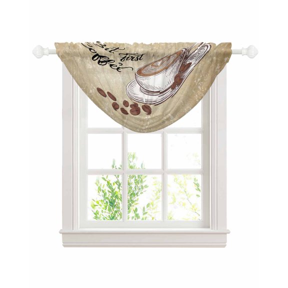 Vintage Coffee Sheer Waterfall Valance Curtains for Window, Modern Farmhouse Coffees Brown Retro Rod Pocket Sheer Topper Swag Curtains for Living Room, Kitchen 38.5"W x 47.2"L, 1 Panel