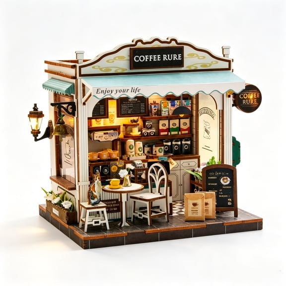 Vintage Coffee Shop DIY Miniature Dollhouse Kit, LED Light Wooden Storefront Diorama, Cafe Scene Model Decor Gift for Adults 14+