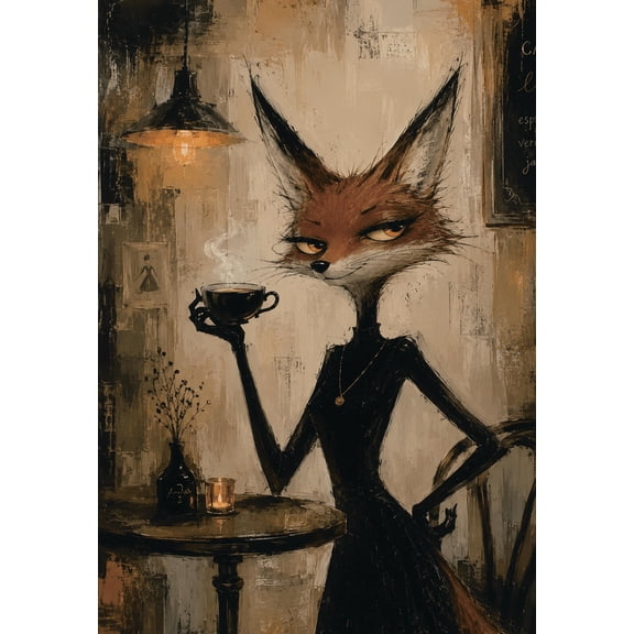 Vintage Coffee Shop Fox Frameless Canvas Wall Art, HD Print Stylish Animal Decor, Ready to Hang Art,30.5x38.4 Inch