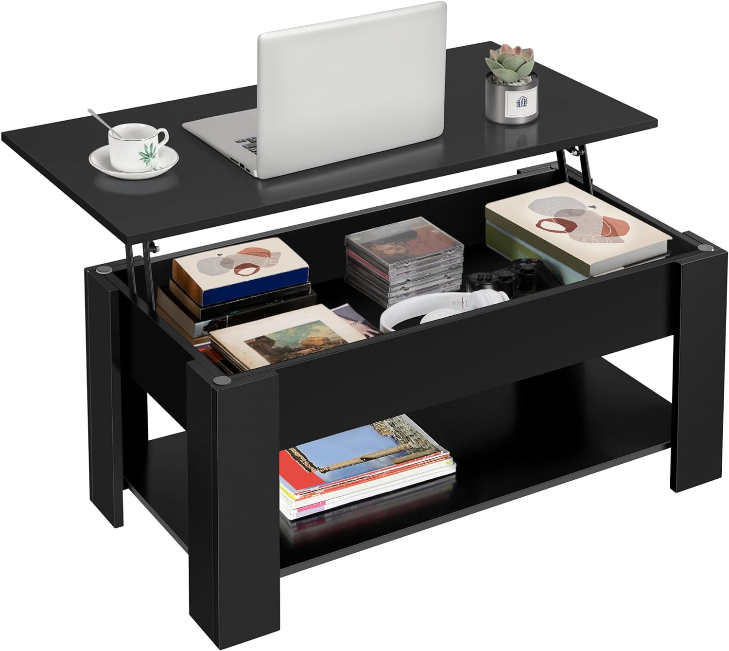 Black Rectangular MDF Lift-Top Coffee Table with Storage