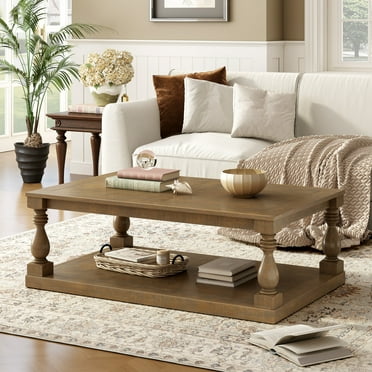 Vintage Coffee Table, Luxurious Pine Wood Center Table with Vase Column Legs, Rectangle 2 Tier Low Cocktail Tea Table for living room, Brown