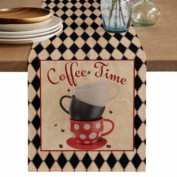 Vintage Coffee Table Runner 48 Inches, Farmhouse Red White Cups Black Plaid Bed Runner Dresser Scarves Tabletop for Indoor Outdoor Parties/Ceremony/Banquet, 13" x 48"