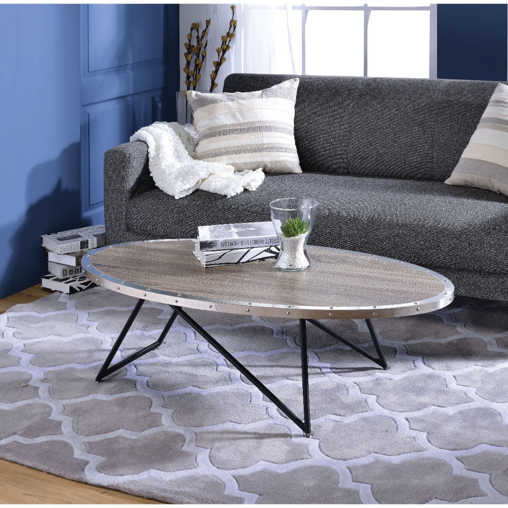 Weathered Gray Oak Oval Coffee Table with Metal Trim