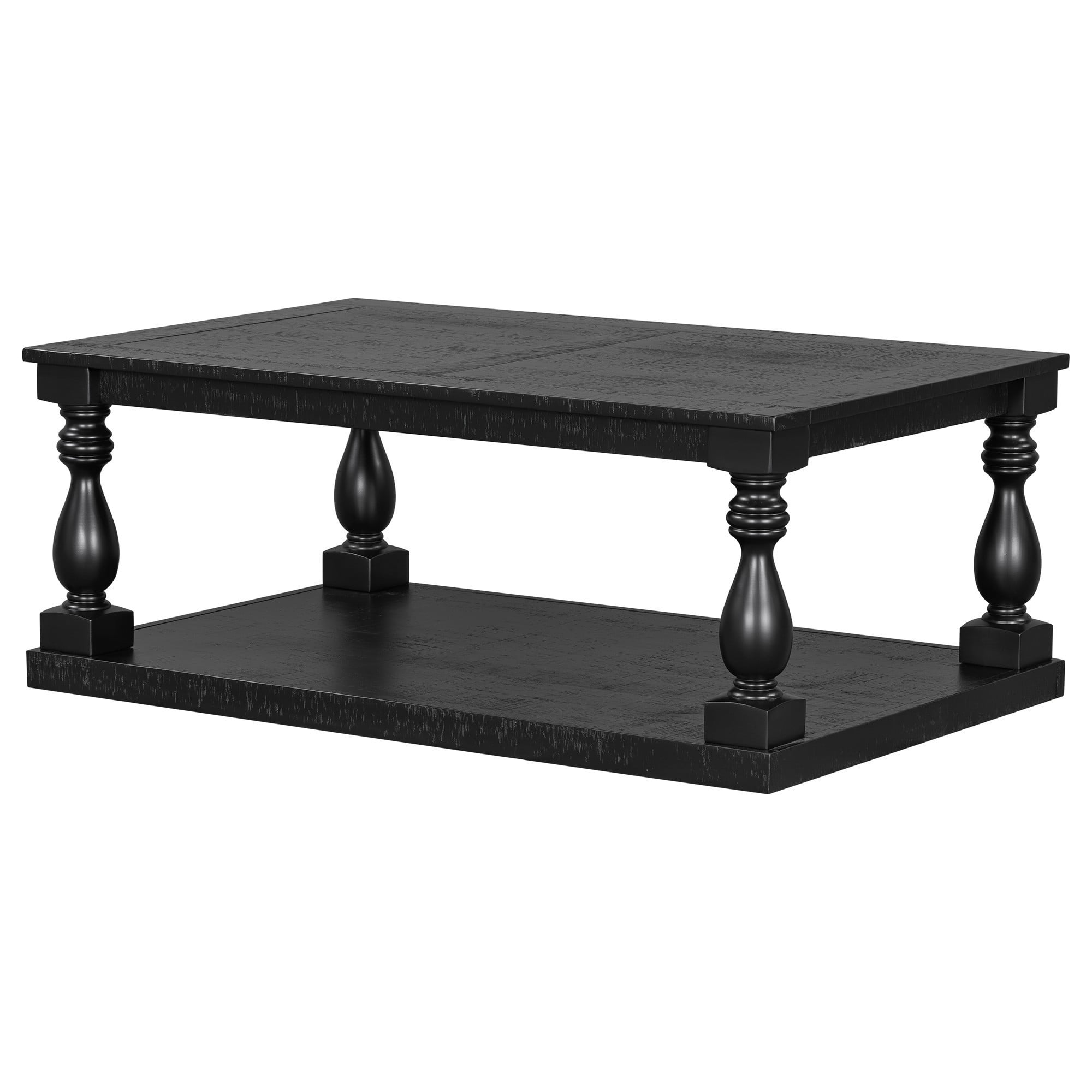 Vintage Coffee Table with Vase Column Legs, Wood Coffee Table with Pine Veneer Top, Decorative Center Table for Living Room Study Room, Black