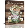 thumbnail image 1 of Vintage Coffee Tea Cup Flower Kitchen Decor Wall Art God Says You Are Rustic Cross Coffee Tea Sign Pictures Wall Decor Christian Canvas Painting Prints Artwork Framed for Coffee Tea Bar Cafe 12"x16", 1 of 6