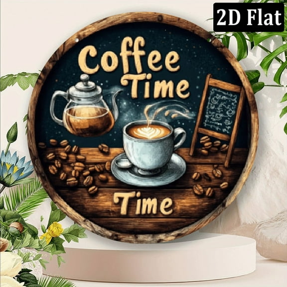 Vintage Coffee Tea Time iron Sign Round, Rustic Wall Decor with Steaming Cup Coffee Beans Design, Ideal for Home, Cafe, Bar, Outdoor Spaces - Warm, Inviting Ambiance for Coffee Enthusiasts, Cof 8*8in