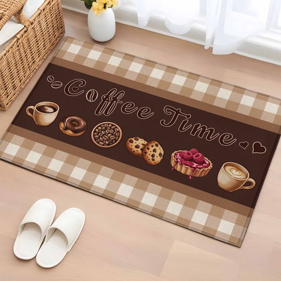 Vintage Coffee Time Entryway Rug 2'x3' Non Slip Front Door Mats, Farmhouse Desserts Brwon White Plaid Entrance Rugs Indoor Outdoor Carpet, Washable Floor Mats Small Area Rug for Bedroom Kitchen