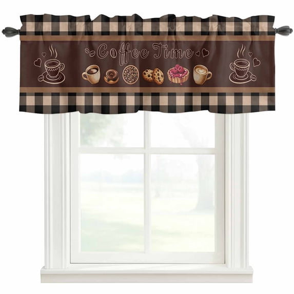Vintage Coffee Time Farmhouse Short Window Curtain Valances, Farmhouse Desserts Black White Plaid Rod Pocket Kitchen Valances for Living Room Bedroom Bathroom Cafe 42" x 18"