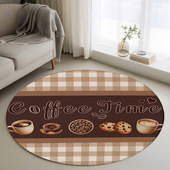 Vintage Coffee Time Round Rug 3ft Washable Circle Entryway Rugs Non Slip Farmhouse Desserts Brwon White Plaid Area Rug Indoor Floor Carpet for Bedroom Kitchen Living Room Home Office Dining Room