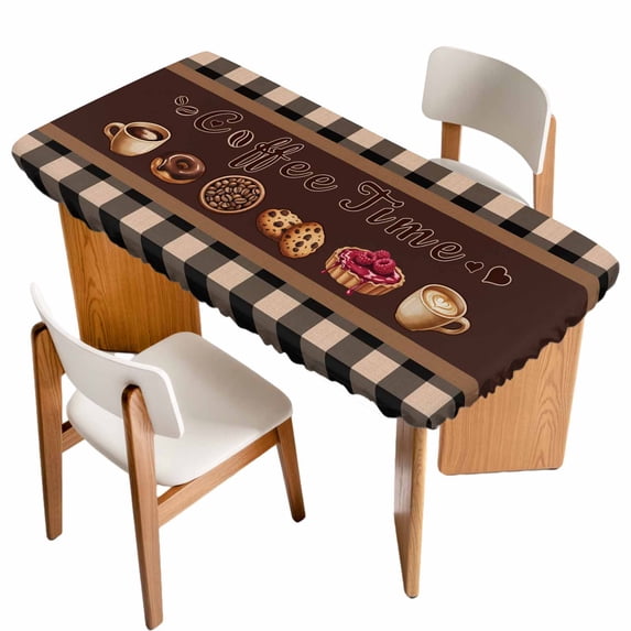 Vintage Coffee Time Table Cloths for 5 Foot Rectangle Tables, Farmhouse Desserts Black White Plaid Patio Waterproof Elastic Fitted Tablecloths, Washable Rectangular Table Cover for Camping