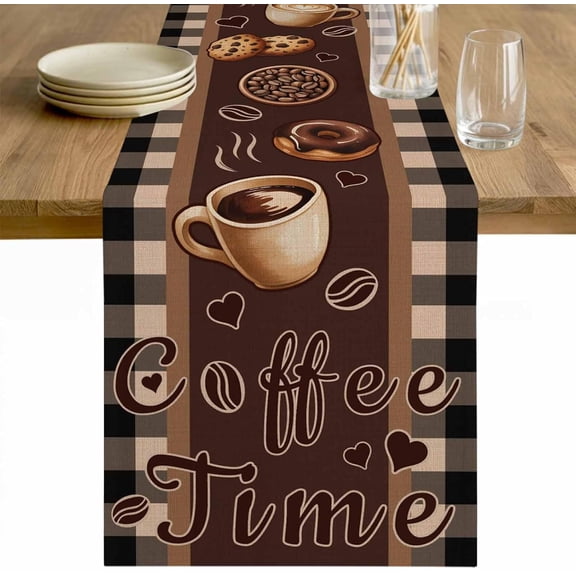 Vintage Coffee Time Table Runner 36 Inches Long Tablerunner Dresser Scarves, Farmhouse Desserts Black White Plaid Kitchen Dinner Cafe Table Runners Table Decor for Coffee/Party, Small 13" x 36"