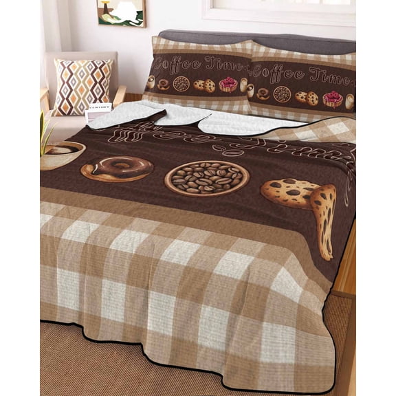 Vintage Coffee Time Twin Size Down Alternative Comforter, Lightweight Comforter Quilt Bedding Set with Pillow Shams Farmhouse Desserts Brwon White Plaid All Seasons Bed Comforter Duvet Insert 68"x86"