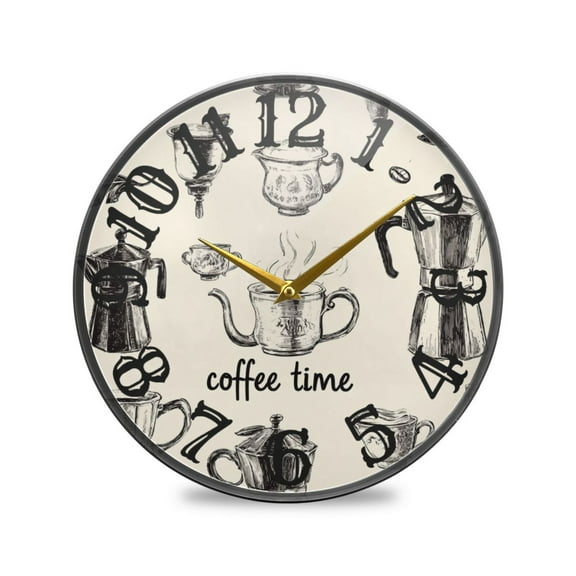 Vintage Coffee Time Wall Clock 10 Inch Silent Non Ticking Battery Operated Easy to Read for Kitchen Living Room