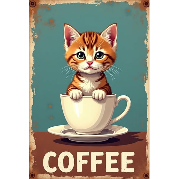 Vintage Coffee Tin Sign with Cute Kitten in Cup Retro Metal Wall Decor for Kitchen Cafe Home 8x12 Inch Aluminum Art Plaque
