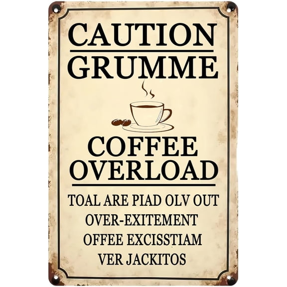 Vintage Coffee Tin Signs,Caution Grumme Coffee Overload Retro Iron Painting Metal Plaque for Home Kitchen Office Cafe Farm Yard Man Cave Decor 8x12 Inch