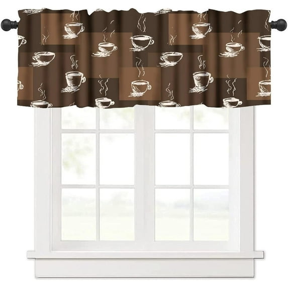 Vintage Coffee Valance Curtains White Abstract Art Coffee Cups Farmhouse Rustic Brown Rod Pocket Curtain Valance for Kitchen Bedroom Living Room Decor 1 Panel W54xL18 Inch