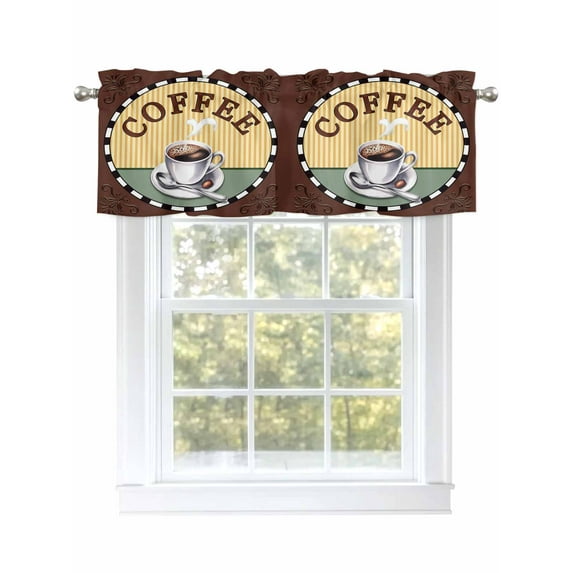 Vintage Coffee Valances for Windows Coffee Cup Brown Strips Rod Pocket Curtains Valance Short Window Treatment Drapes for Living Room, Bedroom Bathroom 60" W x 14" L