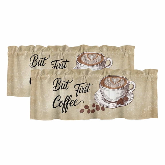 Vintage Coffee Valances for Windows, Modern Farmhouse Coffees Brown Retro Light Filtering Kitchen Curtains, Rod Pocket Window Valance Curtains for Living Room Bedroom, 42" W x 12" L, 2 Panels