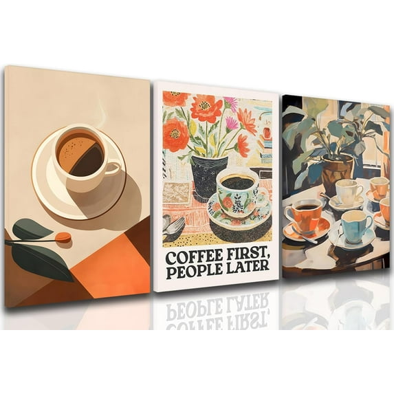 Vintage Coffee Wall Art, Fashion Aesthetic Flowers Coffee Wall Decor Picture, Simple Travel Espresso Painting Canvas Prints Poster for Cafe Kitchen Bar Dining Room（Only canvas）