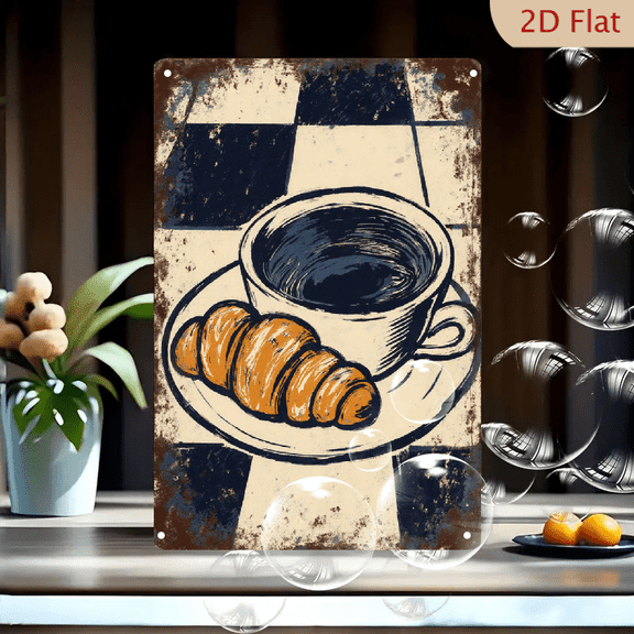 Vintage Coffee and Croissant Wall Art 8x12 Inches Metal Tin Sign, Retro Grunge Caf Poster with Checkered Background for Kitchen Home Decor
