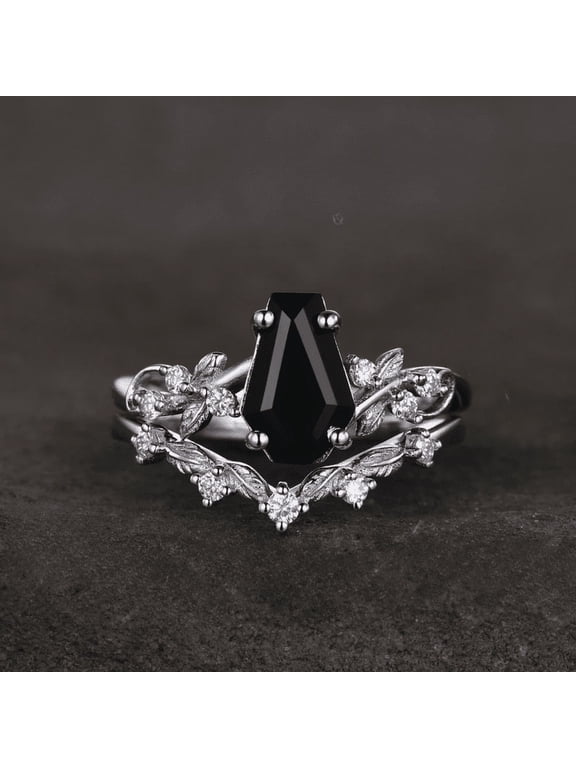 Vintage Coffin Cut Black Onyx Engagement Ring Set- 925 Sterling Silver- Twig Leaf Diamond Ring