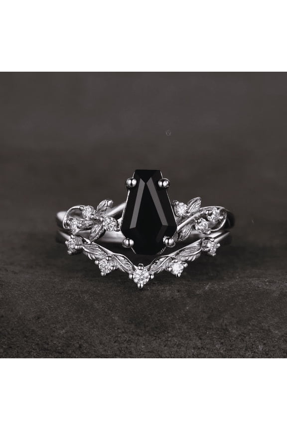 Vintage Coffin Cut Black Onyx Engagement Ring Set- 925 Sterling Silver- Twig Leaf Diamond Ring