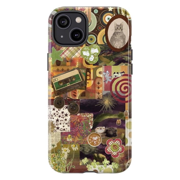 Vintage Collage Phone Case, Retro Artistic Design with Cat, Flowers, and Cassette iPhone Cover, Unique Protective Case for iPhone 17 16 15 14 13 12 11 Plus Pro Max Mini