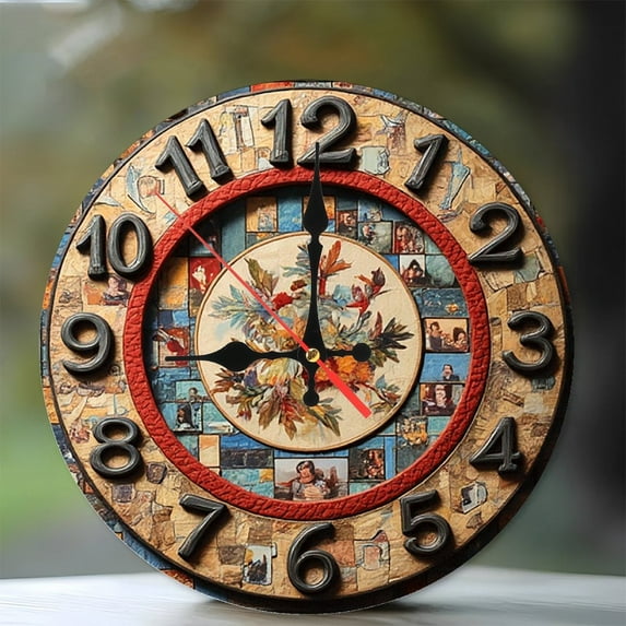 Vintage Collage Photo Mosaic Wall Clock 10-Inch Silent Wooden Wall Clock, Battery Operated (AA Batteries Not Included), Artistic Home Decor