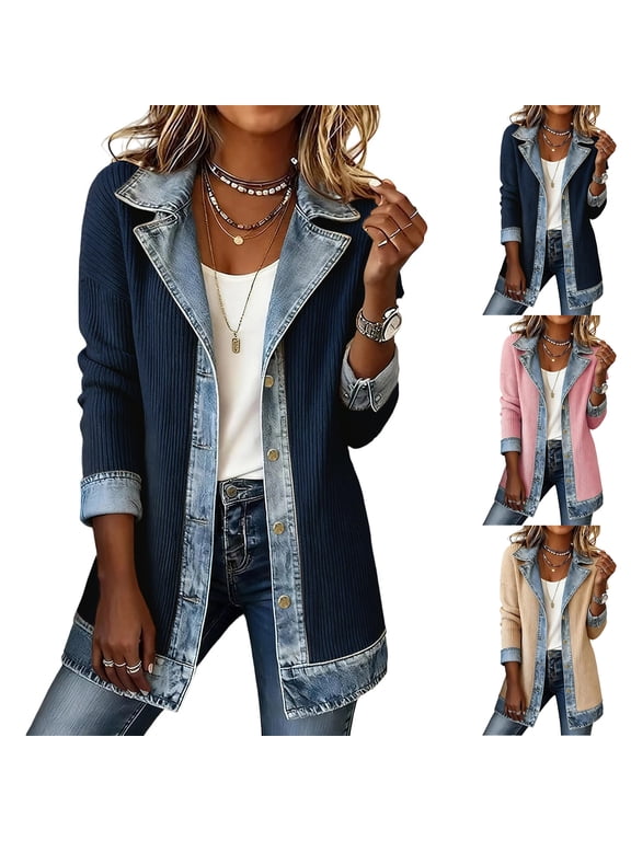 Vintage Collared Knit Jacket for Women Denim Panel Button Front Sweater Jacket Long Sleeve Loose Fit Drop Shoulder Casual Streetwear Fall