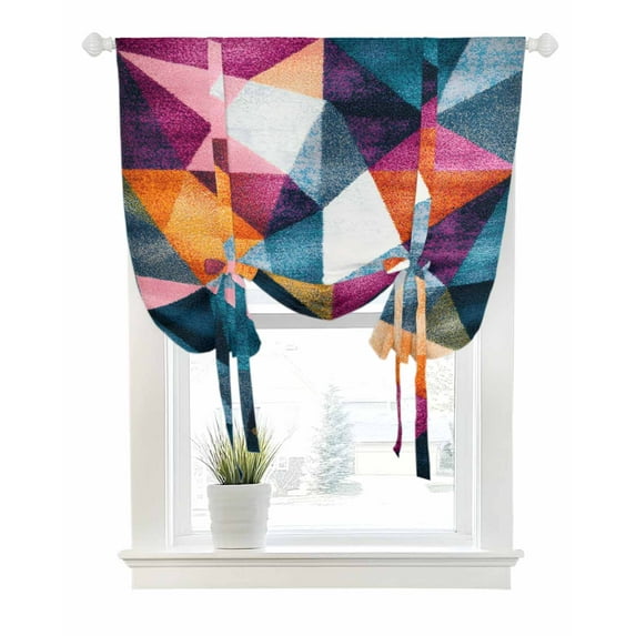 Vintage Coloful Rhombus Tie Up Curtains for Window, Thermal Insulated Balloon Shade Adjustable Rod Pocket Curtains Valance Panels for Kitchen Bathroom Cafe 42 x 45 Geometric Shabby Artwork