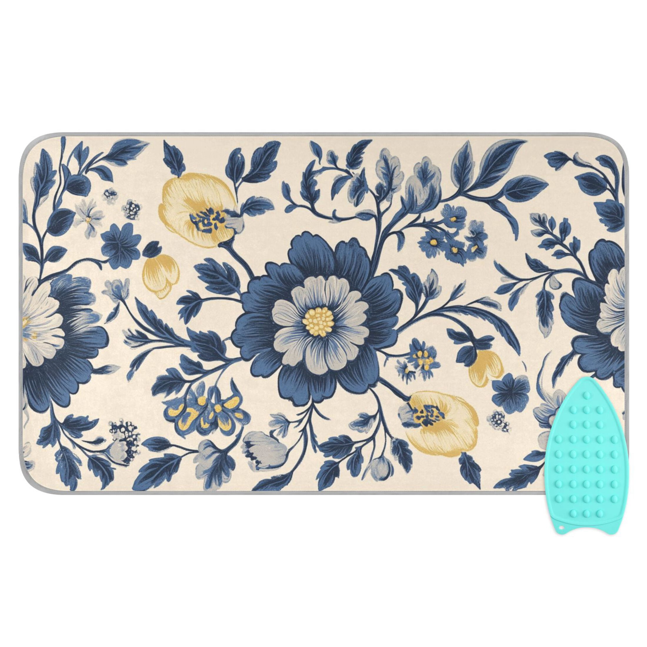Vintage Color Blue and Yellow Florals Ironing Mat Blanket Portable Travel Ironing Pad Heat Resistant Pad 47.2" x 27.6”