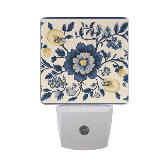Vintage Color Blue and Yellow Florals LED Night Light with Smart Sensor Plug Into Wall Dusk to Dawn 2 packs