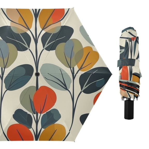 Vintage Color Leaves All Weather Umbrella Triple Folding Parasol 6 Ribs UV Protection Portable