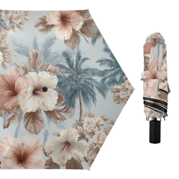 Vintage Color Palm Trees Florals All Weather Umbrella Triple Folding Parasol 6 Ribs UV Protection Portable