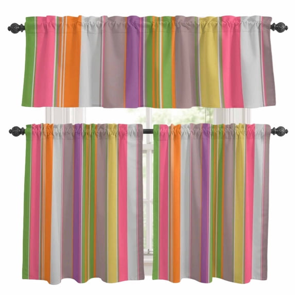 Vintage Color Stripes Kitchen Curtains Valances and Tiers Set of 3 Orange Yellow Gray Striped Retro Lines Tier Curtains and Valance with Rod Pocket for Small Windows, 27.5"x24"
