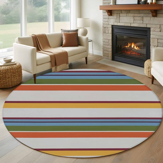 Vintage Color Stripes Round Living Room Rugs 5 ft, Gray Yellow Green Striped Watercolor Washable Area Rug with Non-Slip Sturdy Edge Binding Round Carpet for Entryway Kitchen Bedroom Bathroom