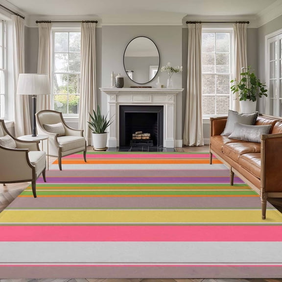 Vintage Color Stripes Washable Living Room Rugs 5'x8', Orange Yellow Gray Striped Retro Lines Low Pile Throw Large Area Rug Non-Slip Sturdy Edge Binding Carpet for Living Room Kitchen Office