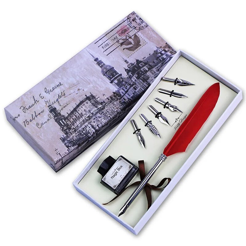 Vintage Colored Feather High quality Quill Dip Pen Writing Ink Set ...