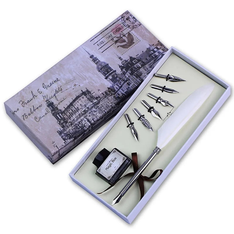 Quill Pen & Ink Set – 6 Bottles Ink, 6 Stainless Steel Nibs, Mechanical Feather Pen
