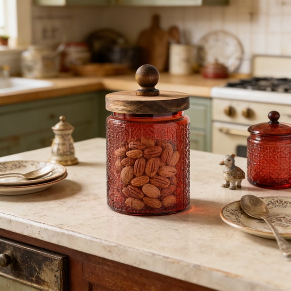 Vintage Colored Glass Kitchen Storage Counter Jar, Kitchen and Pantry Glass Storage with Airtight Wood Lid & Exquisite Texture, For Cookies, Candy, Coffee Tea Beans, Grains, Food Storage, 23.7oz