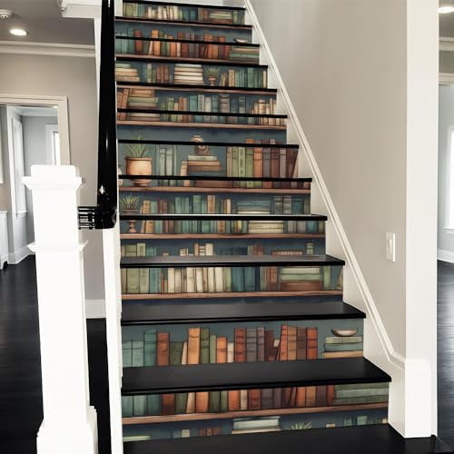 Vintage Colorful Antique Book Cabinet Peel and Stick Vinyl Stair Riser Decals Staircase Tile Stair Stickers Abstract Art Modern Marble Decoration Self-Adhesive Stair Decals (14 Pcs)$$Tools