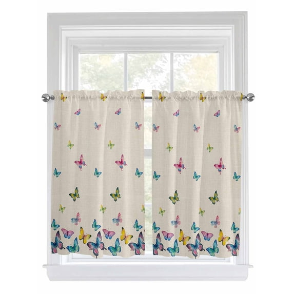 Vintage Colorful Butterfly Bathroom Window Curtain, Watercolor Butterflies Rustic Light Filtering Coffee Kitchen Curtains, Bedroom Living Room Curtains 2 Panel 84"x45"