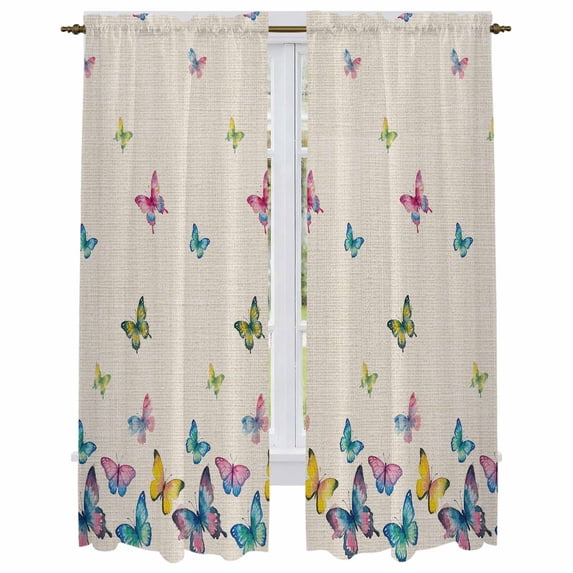 Vintage Colorful Butterfly Kitchen Curtain for Berdoom Living Room Cafe 72 Inch Length, Watercolor Butterflies Rustic Tiers Curtains Light Filtering Drapes Window Treatment 2 Panels 52"Wx72"L
