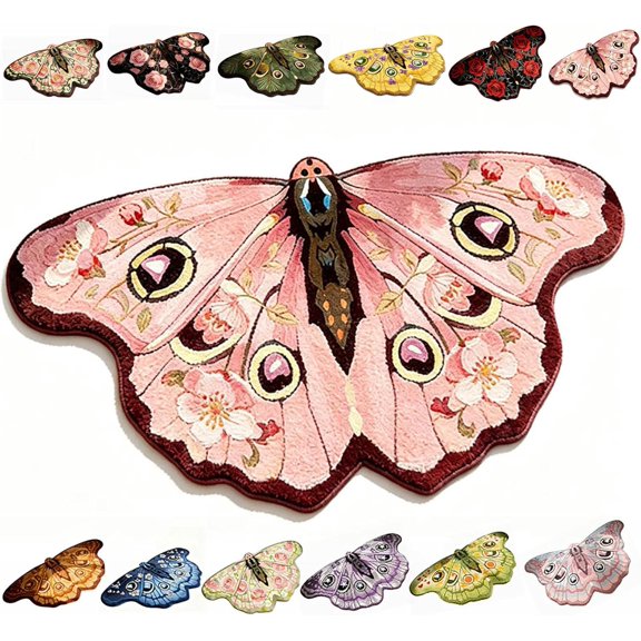 Vintage Colorful Butterfly Print Rug,Irregular Butterfly Moth Shaped Area Rug,Soft and Fluffy Faux Wool Mat, Dry Feet Warmth Carpet for Living Room Bedroom Bathroom Entryway Home Decor (#J)